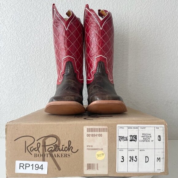 Rod Patrick Mens Cowboy Boots 14.5D Brown Mocha Bison Leather Square Toe Red Top - Picture 12 of 13